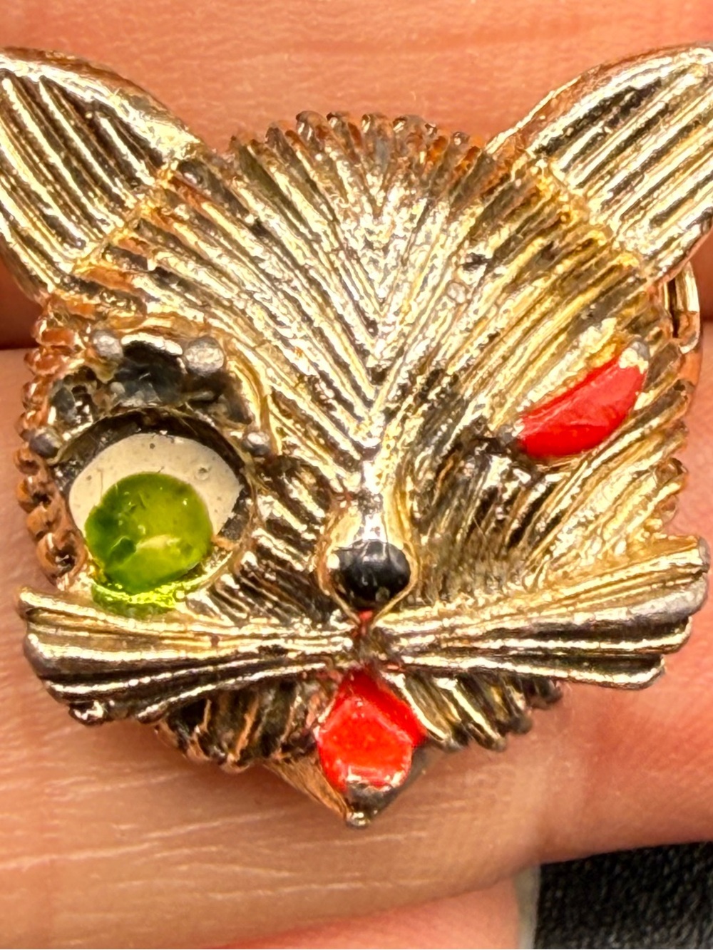 Gold Cat Face Pin Brooch with Winking Eye Red and Green Accents